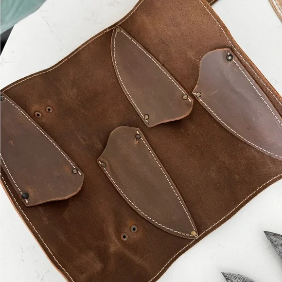 Set of 4 steak knifes Brown Leather Knife Roll for Men